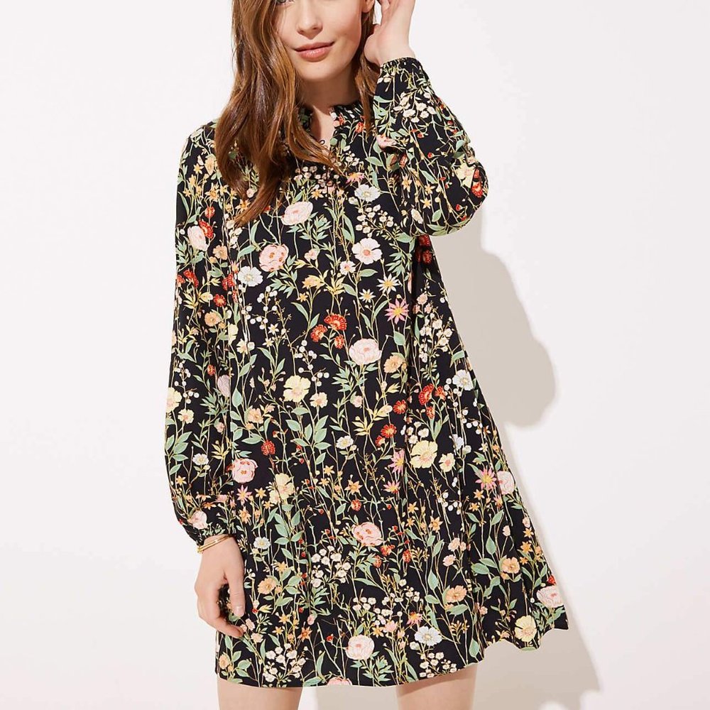 LOFT Floral Ruffle Split Neck Dress Size SP